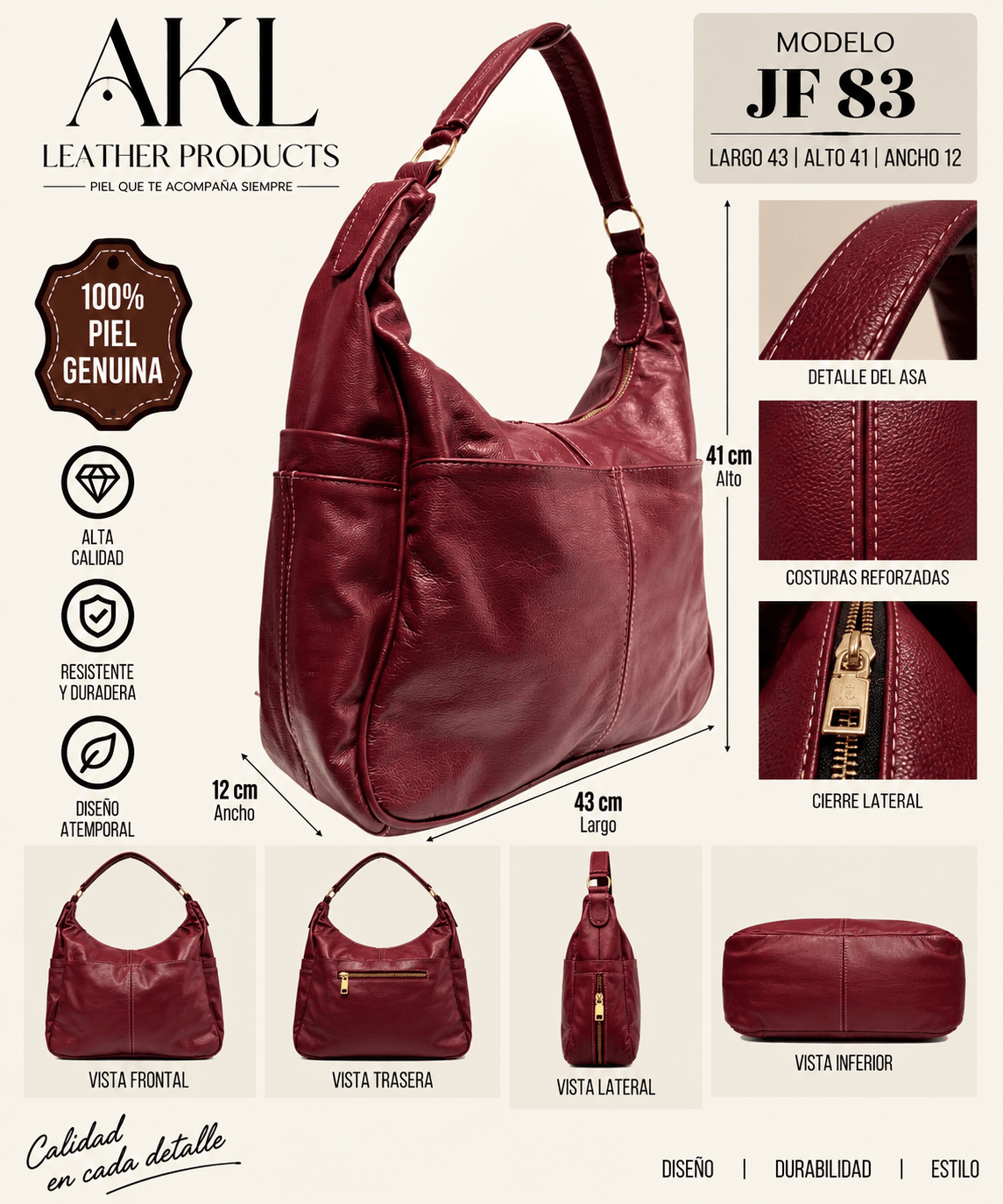 Bolsa Negra De Hombro Para Dama Casual Piel Legitima Original Jf 83 — imagen 2