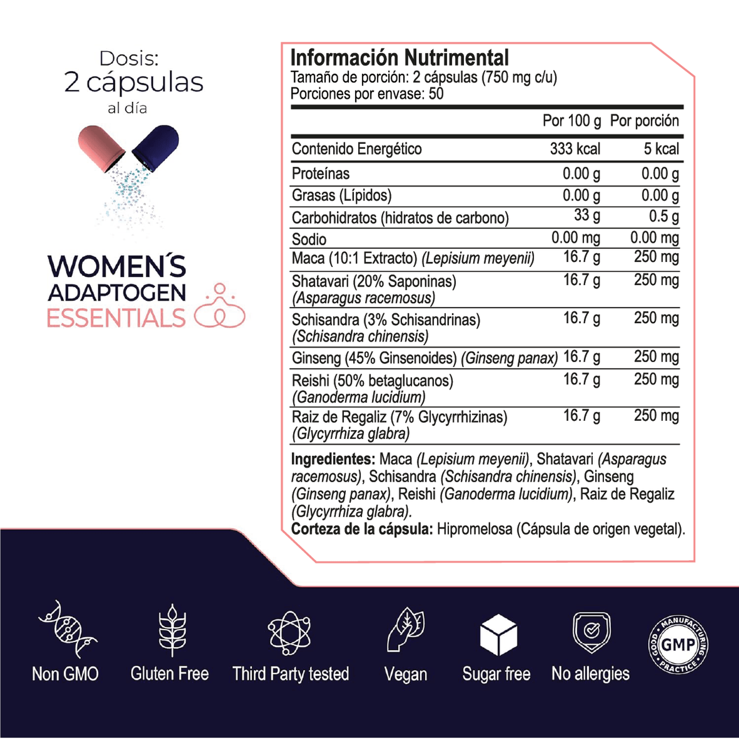 Women's Essentials: Maca y Adaptógenos para Mujer, Schisandra + Shatavari + Reishi, 100 Cápsulas — imagen 7