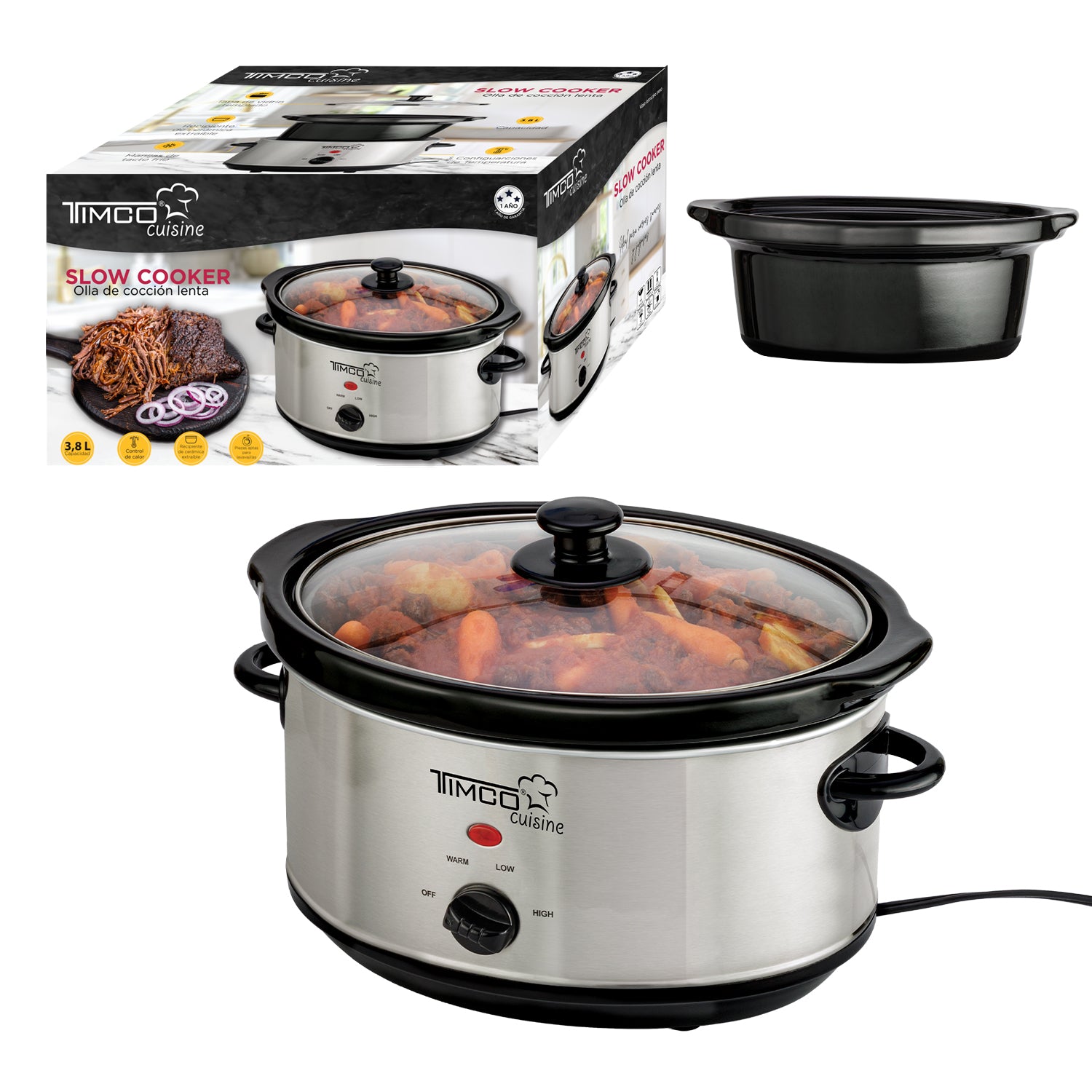 Olla Lento Cocimiento 3.8 Litros Tazon de Ceramica Potencia 200 W Olla Electrica Timco SLOW-350WZ — imagen 7