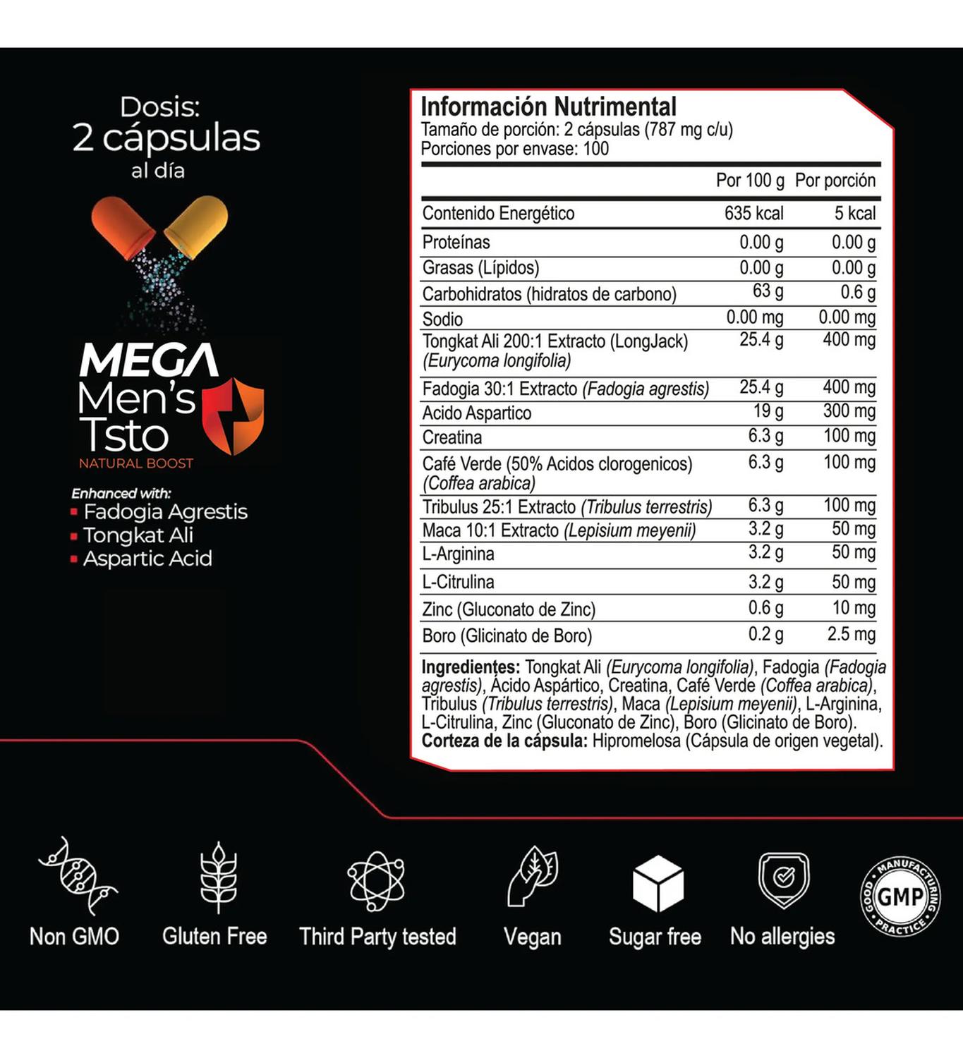 Mega Men's Testo: Tongkat Ali + Maca Negra + Creatina + Zinc + Fadogia, Fuerza+Energía, 200 Cápsulas — imagen 2