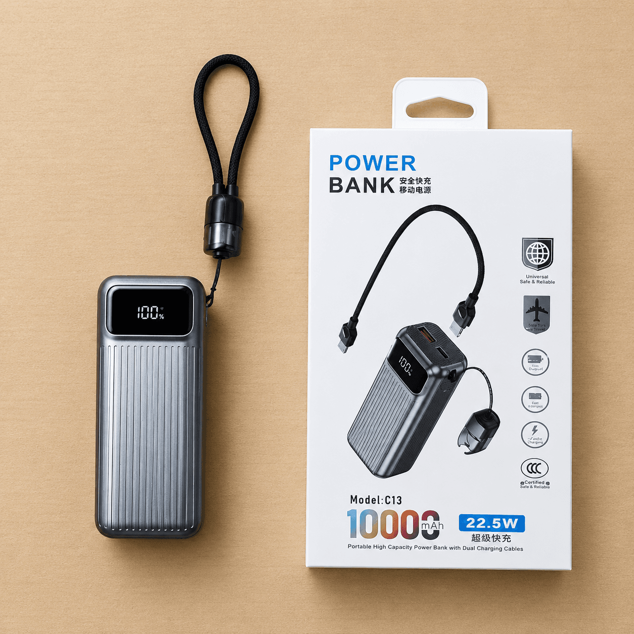 Power Bank C13 10,000mAh 22.5W Carga Rápida con Cables Integrados y Pantalla Digital — imagen 12