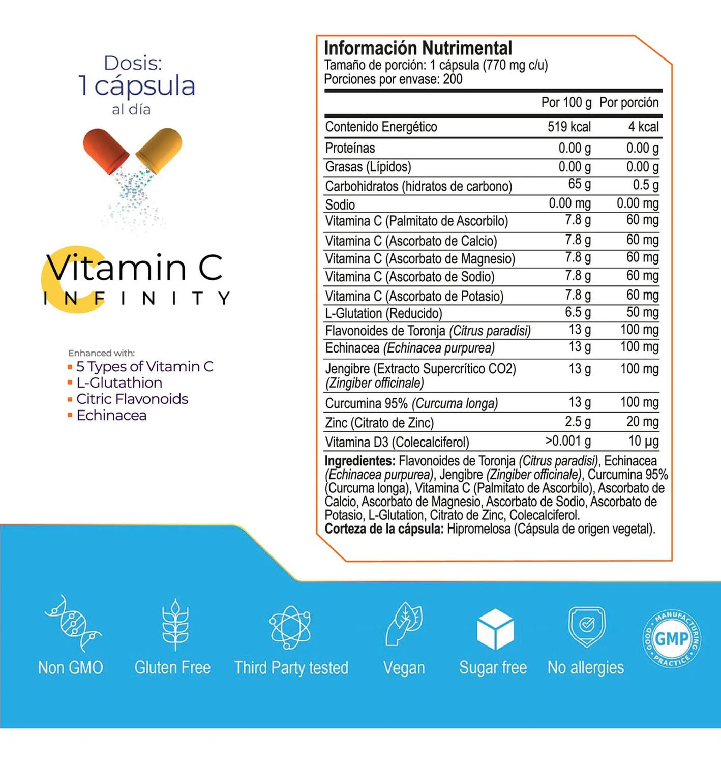Infinity: Vitamina C + L-Glutatión, Zinc + Flavonoides, para Síntesis de Colágeno, 200 Cápsulas — imagen 3