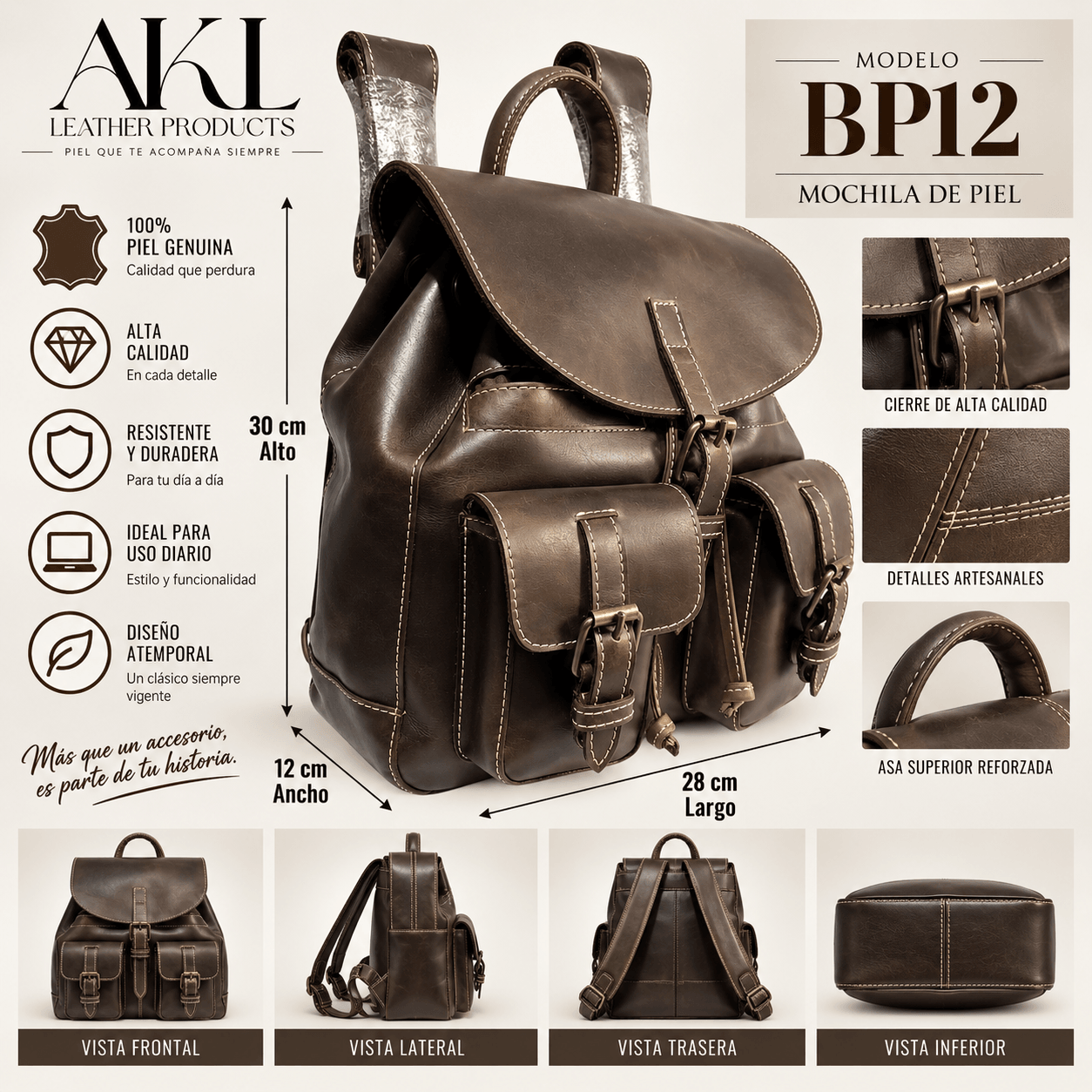 Mochila Bp12 Piel Ternera Gruesa Café — imagen 2
