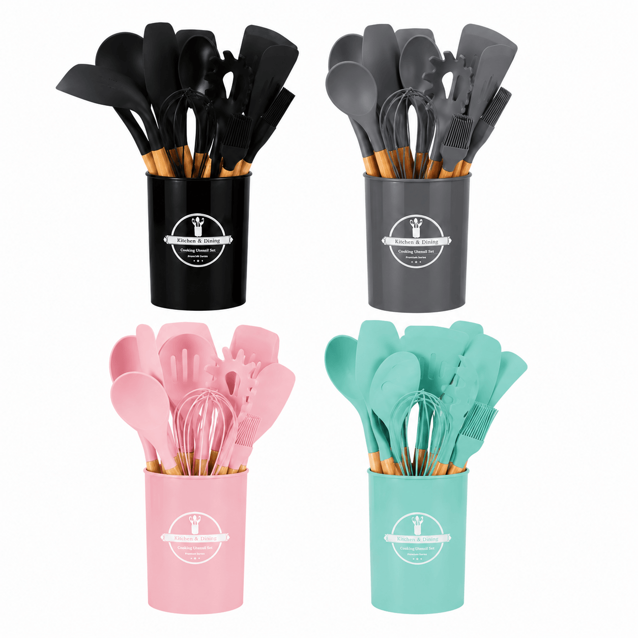 Set de Utensilios de Cocina de Silicón con Mango de Madera y Organizador — imagen 4