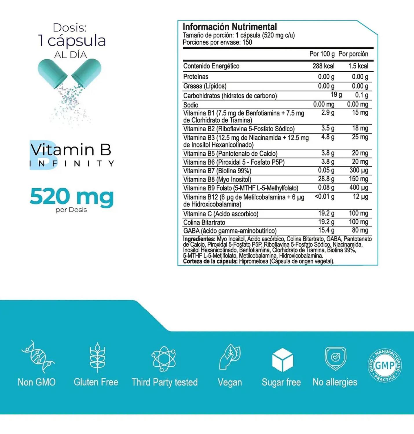 Infinity: Complejo B Elevado, 11 Formas Bioactivas de B1, B2, B3, B6, B9 Folato, B12, 150 Cápsulas — imagen 3