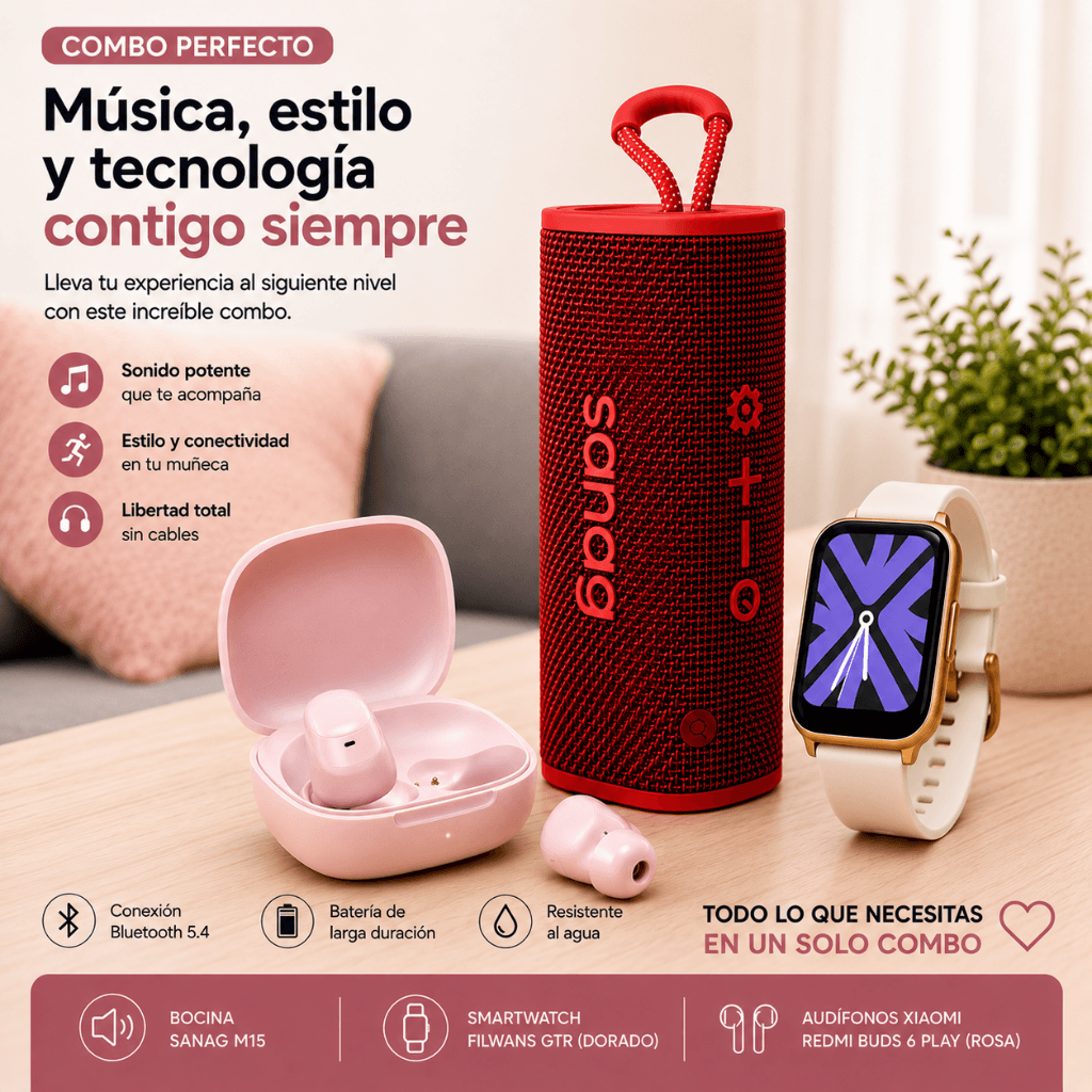 AUDIFONOS REDMI BUDS 6 PLAY (ROSA) + SMARTWATCH FILWANS GTS MINI (DORADA) + BOCINA SANAG M15 (ROJA) — imagen 11