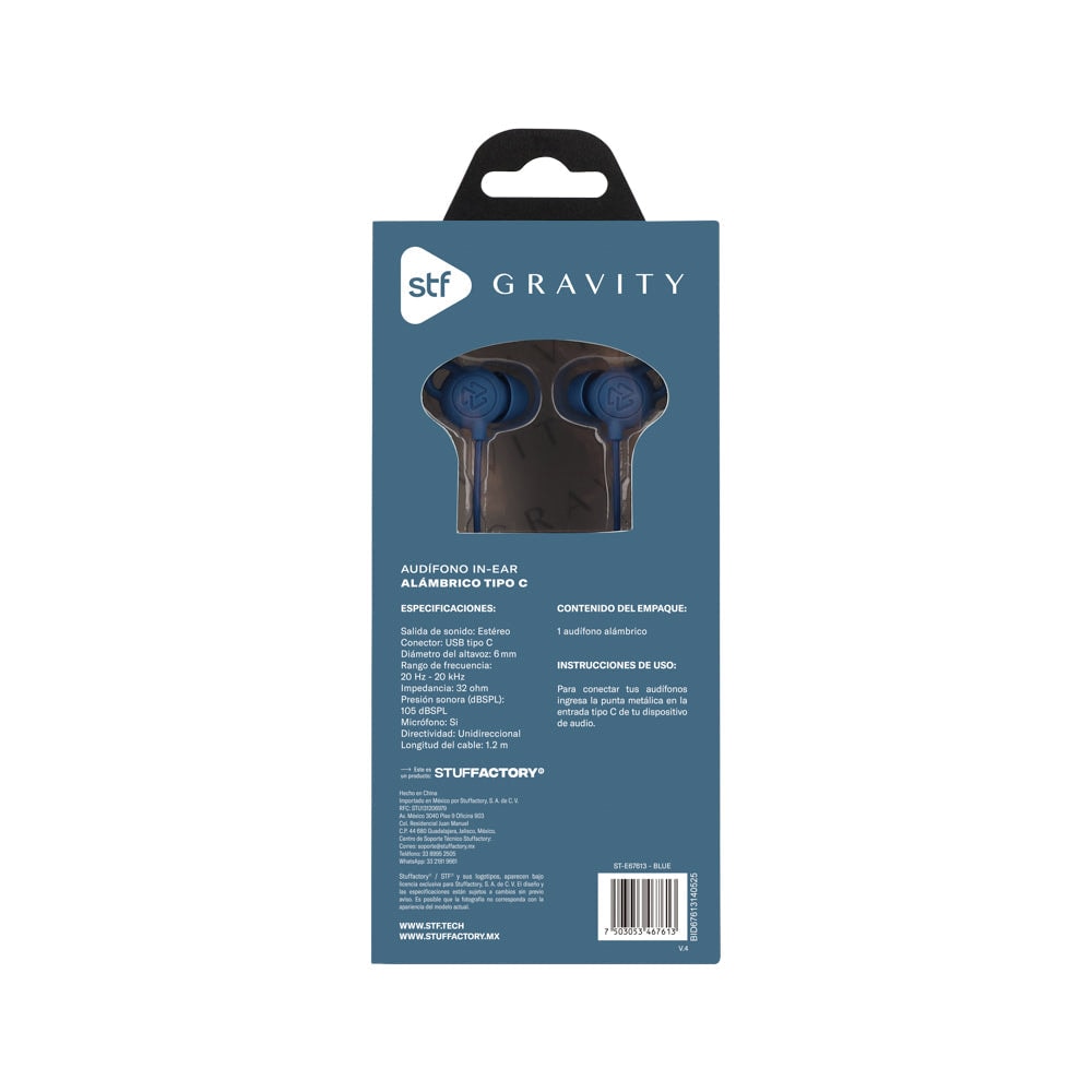 Audifonos alámbricos In-Ear STF Gravity: Tipo C, Micrófono, Azul — imagen 10
