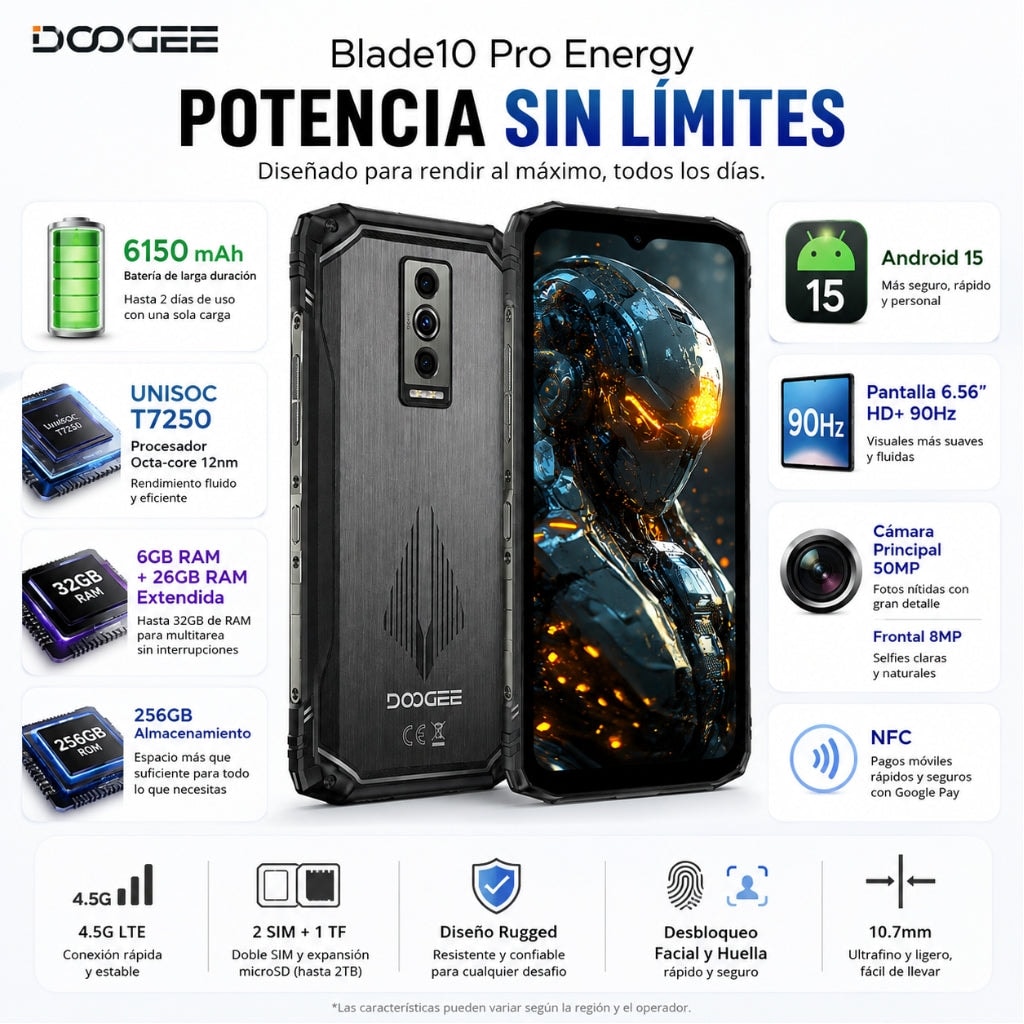 SMARTPHONE DOOGEE BLASE 10 PRO ENERGY + SMARTWATCH FILWANS GTR (NEGRA) Y BOCINA G-TIDE SV-30 — imagen 3