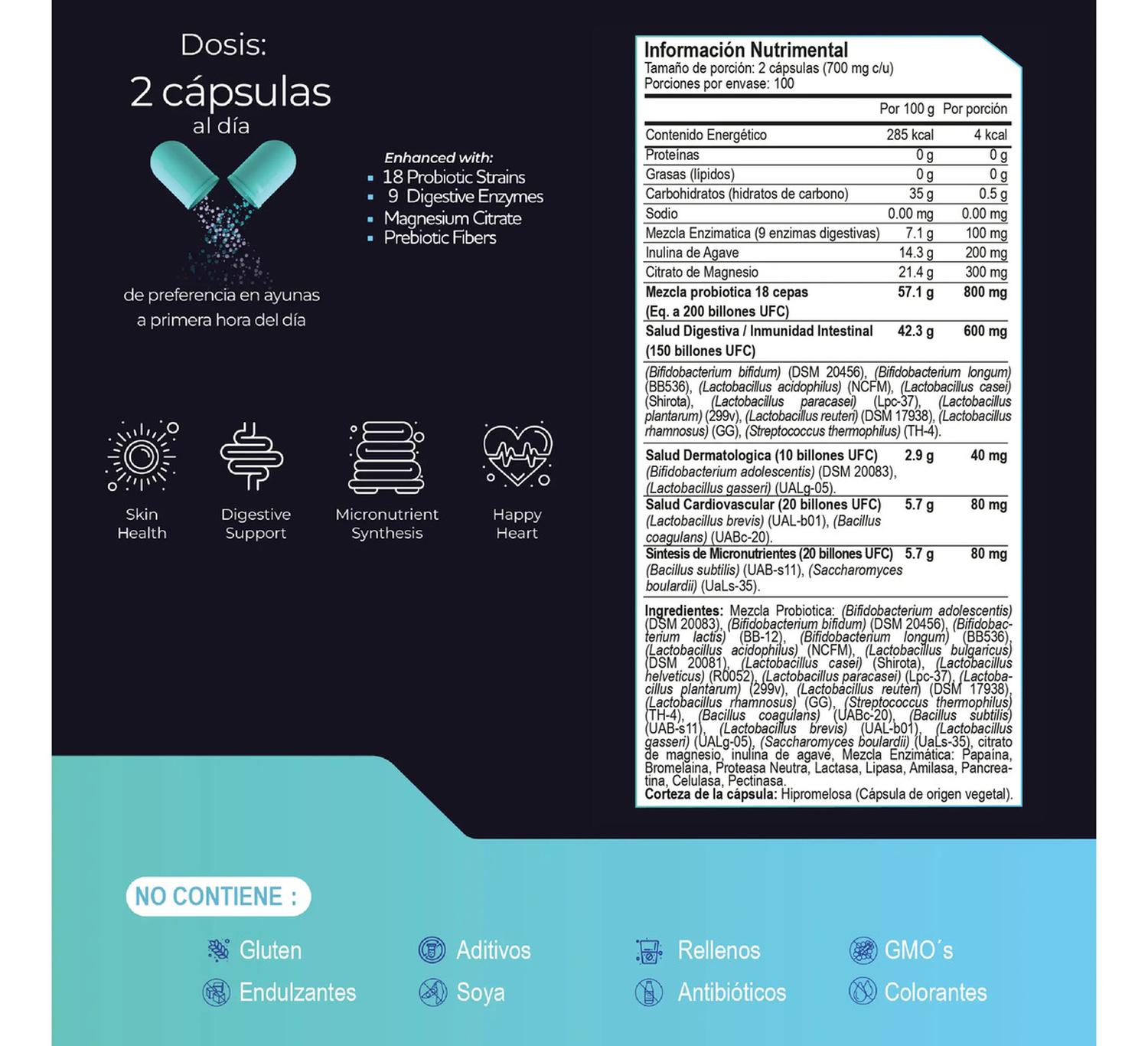 Tetra Probióticos 200 Billones UFC, Fibras Prebióticas + Enzimas Digestivas + Inulina, 200 Cápsulas — imagen 2
