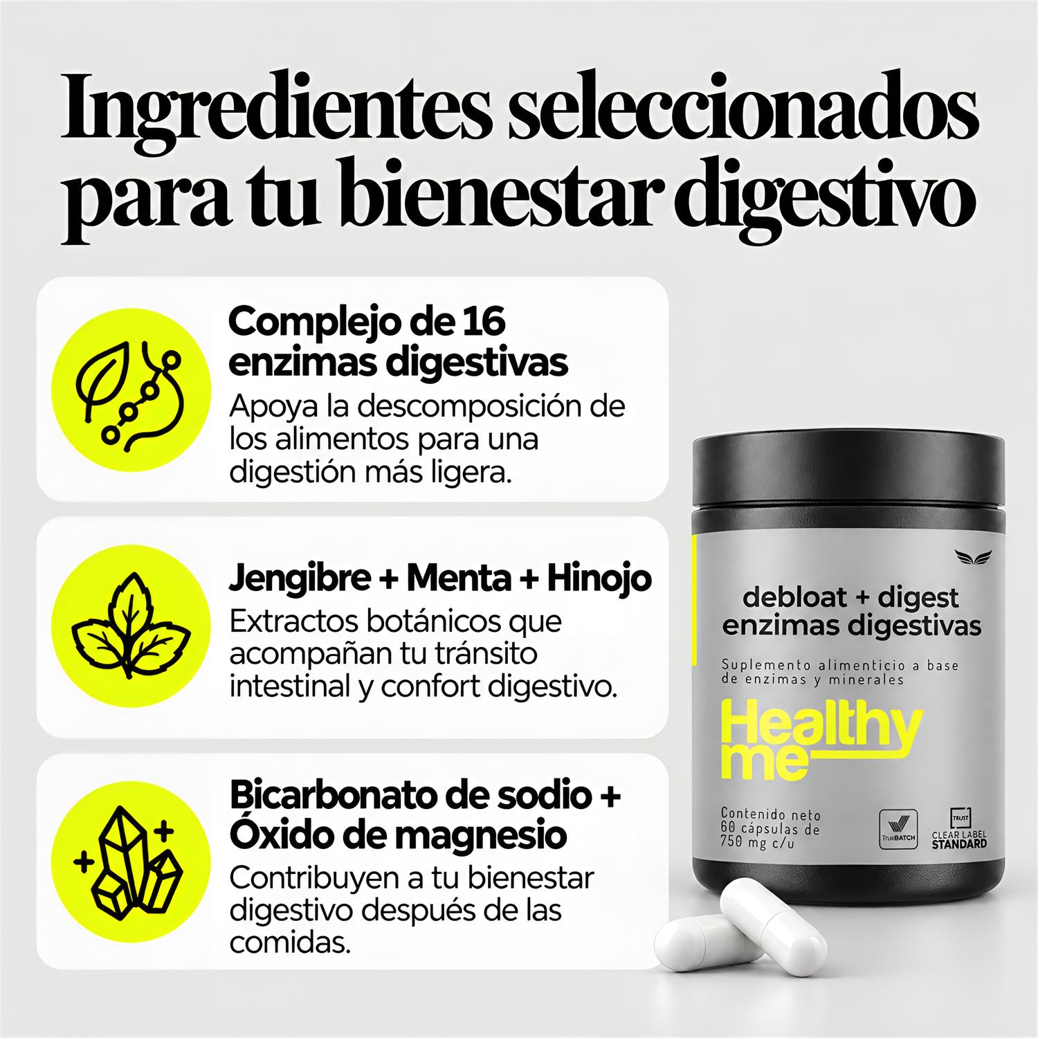 Healthy Me: Desinflamante con 16 Enzimas Digestivas, Jengibre, Menta e Hinojo p/ Digestión, 60 Cáps. — imagen 2
