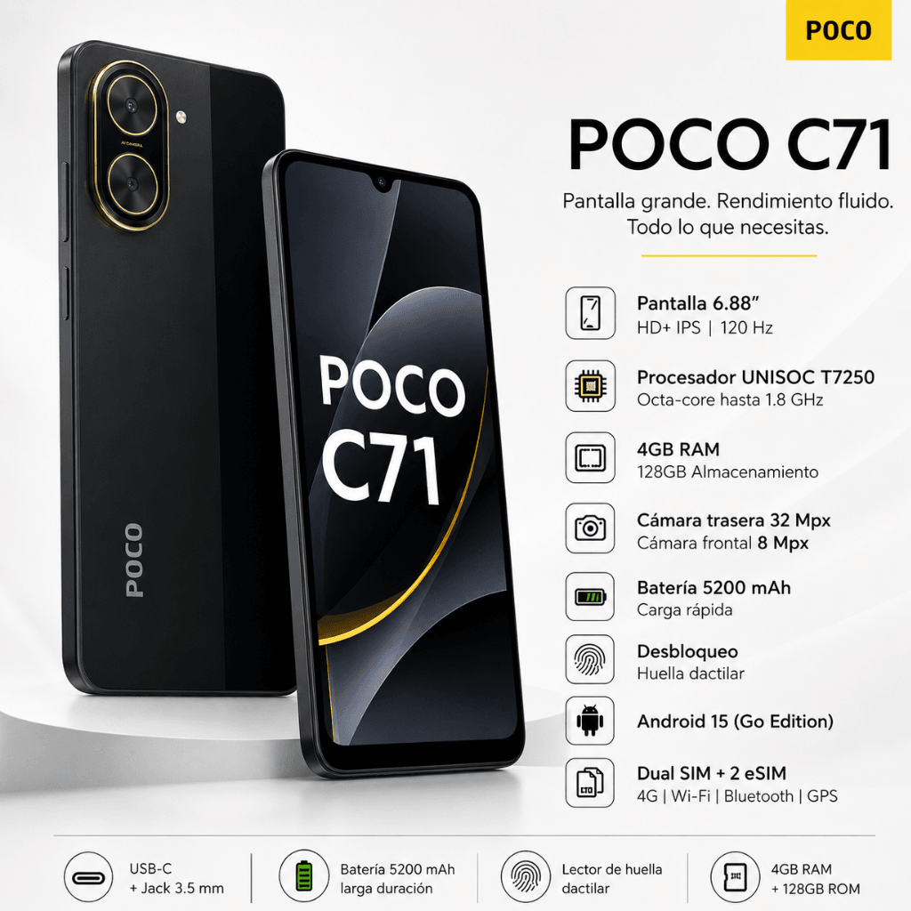 XIAOMI POCO C71 128 GB + Smartwatch G-Tide R5 + Bocina Bluetooth Sanag M15 — imagen 9