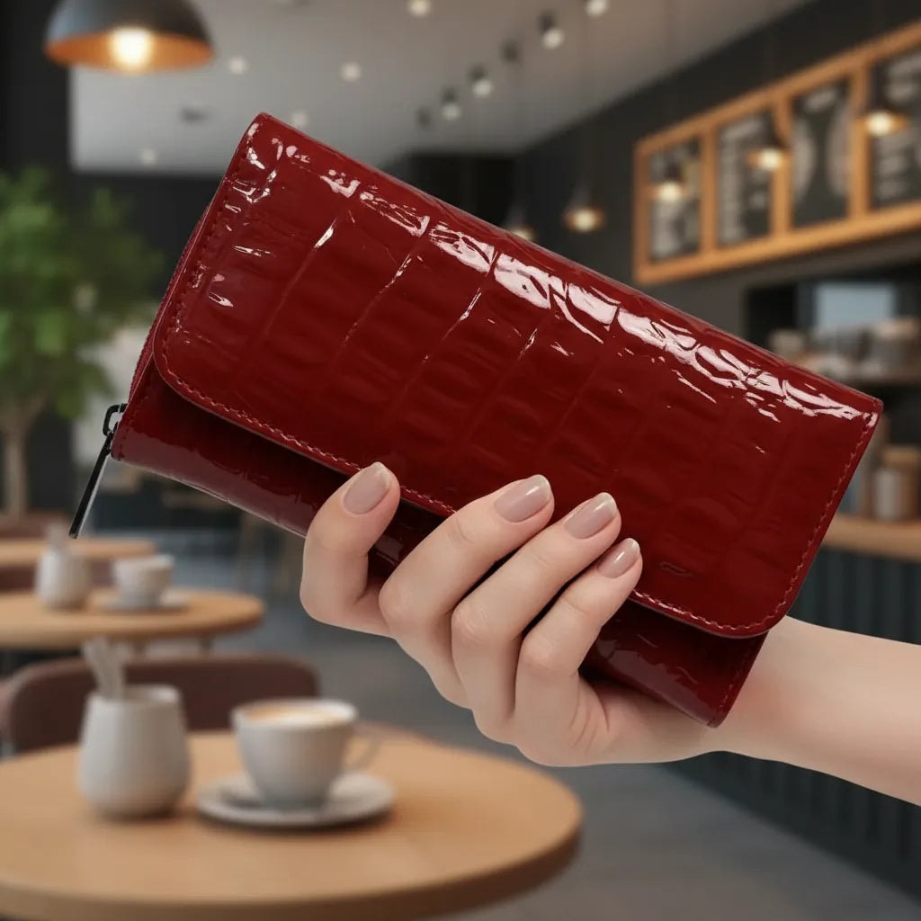 Cartera Para Dama De Charol Roja Grabado Tipo Cocodrilo mini con cierre — imagen 3