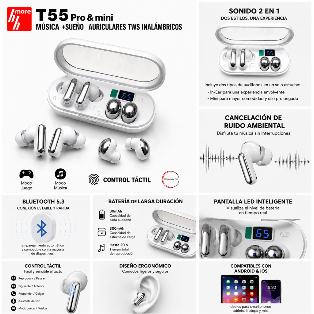 SMARTWATCH REDMI WATCH 5 ACTIVE (PLATA)+ AUDIFINOS 2 EN 1 HH MORE T55 PRO & MINI TWS (PLATA) — imagen 6
