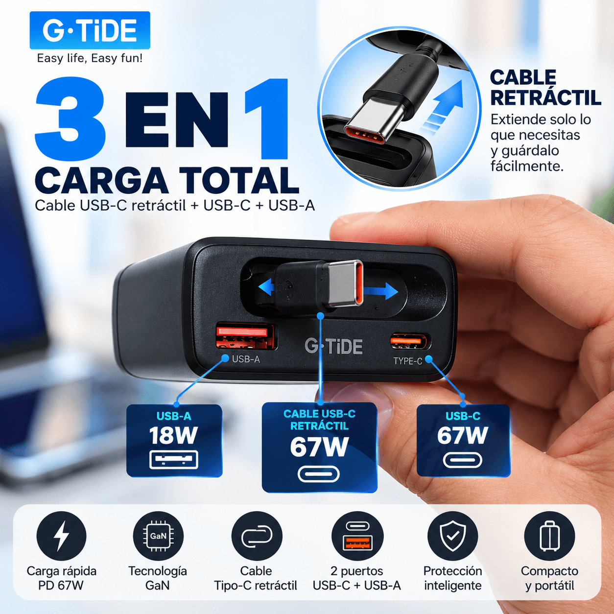G-TiDE CP67 – Cargador GaN 67W con Cable USB-C Retráctil — imagen 4