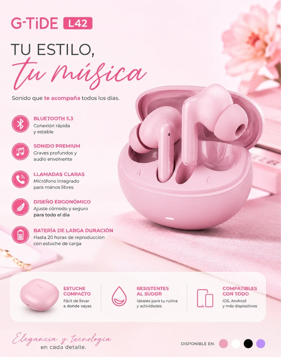 Set Audífonos In-Ear audífonos l42 rosa con smartwatch futurem fm13 rosa inalámbrica con cancelación de ruido — imagen 6