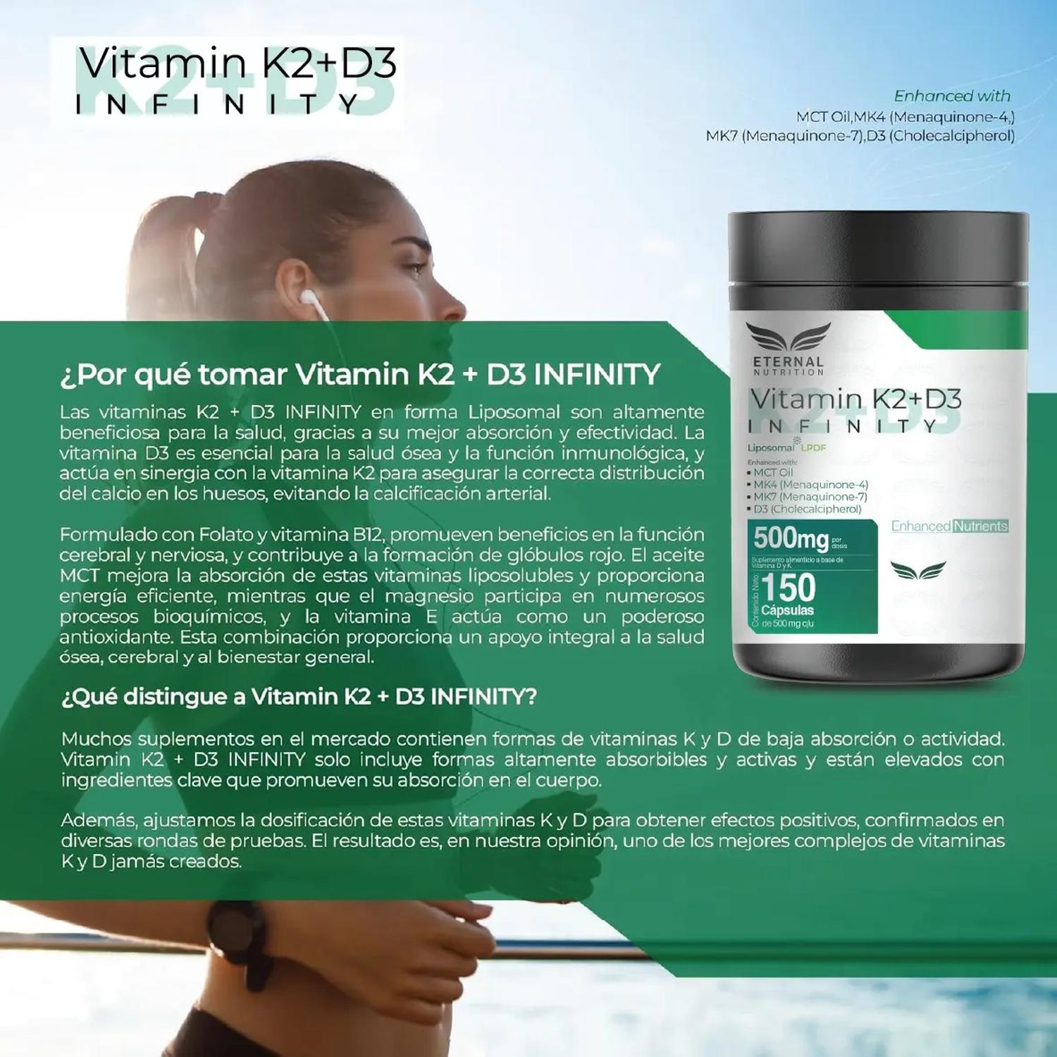 Infinity: Vitamina D3 + K2 Liposomal, K2 MK4+MK7 + D3 + MCT + Folato, para Salud Ósea, 150 Cápsulas — imagen 8