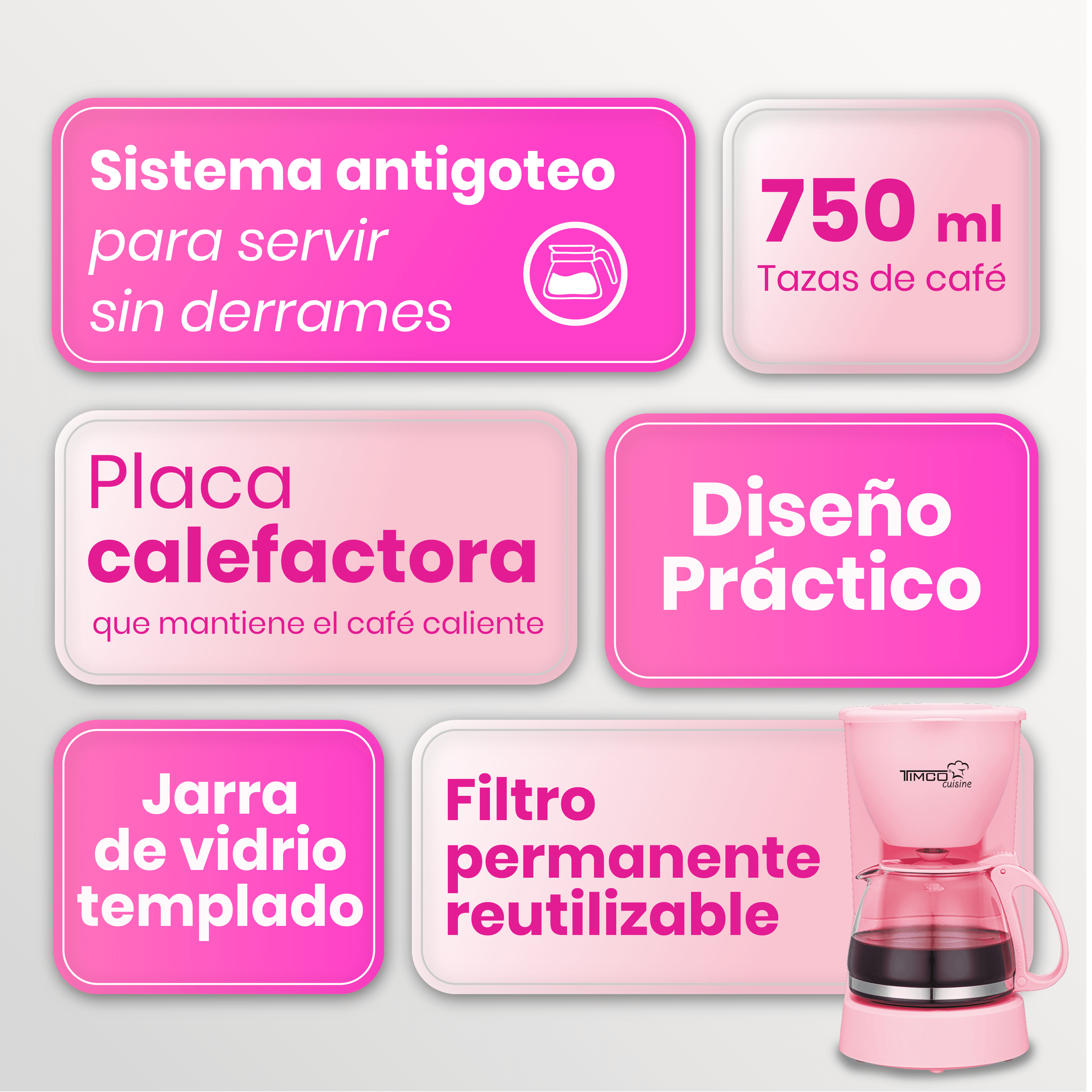 Cafetera Eléctrica Rosa 750 ml Filtro Permanente Antigoteo con Placa Calefactora CAFWJ9008 Timco — imagen 3
