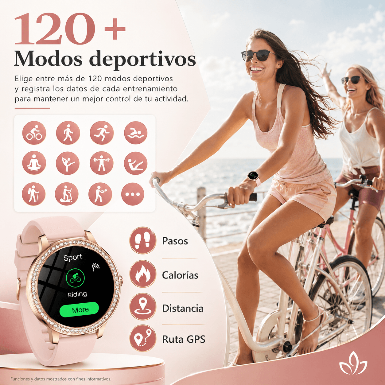 Smartwatch elegante para dama con diseño rosé, cristales brillantes y 2 correas incluidas — imagen 4