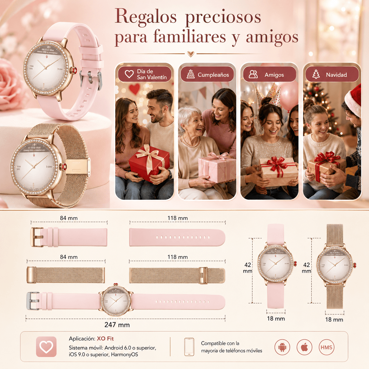 Smartwatch elegante para dama con diseño rosé, cristales brillantes y 2 correas incluidas — imagen 5