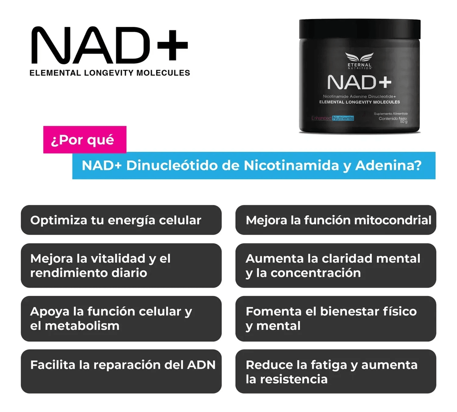NAD+ Puro en Polvo 500 mg, Energía Mitocondrial, Sirtuinas y Longevidad Celular, 100 Porciones — imagen 6