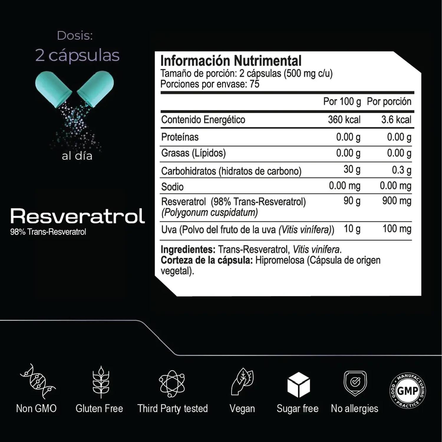 Ultra Pure: Resveratrol 98%, Trans-Resveratrol + Sirtuinas, para Salud Cardiovascular, 150 Cápsulas — imagen 2