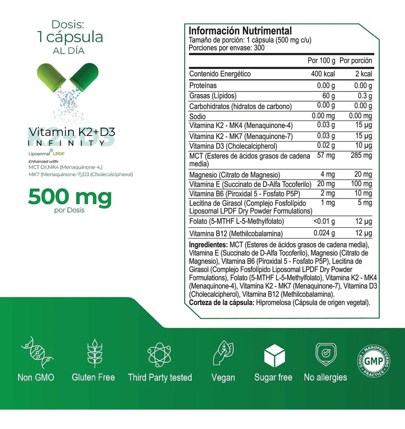 Infinity: Vitamina D3 + K2 Liposomal, K2 MK4+MK7 + D3 + MCT + Folato, para Salud Ósea, 300 Cápsulas — imagen 3