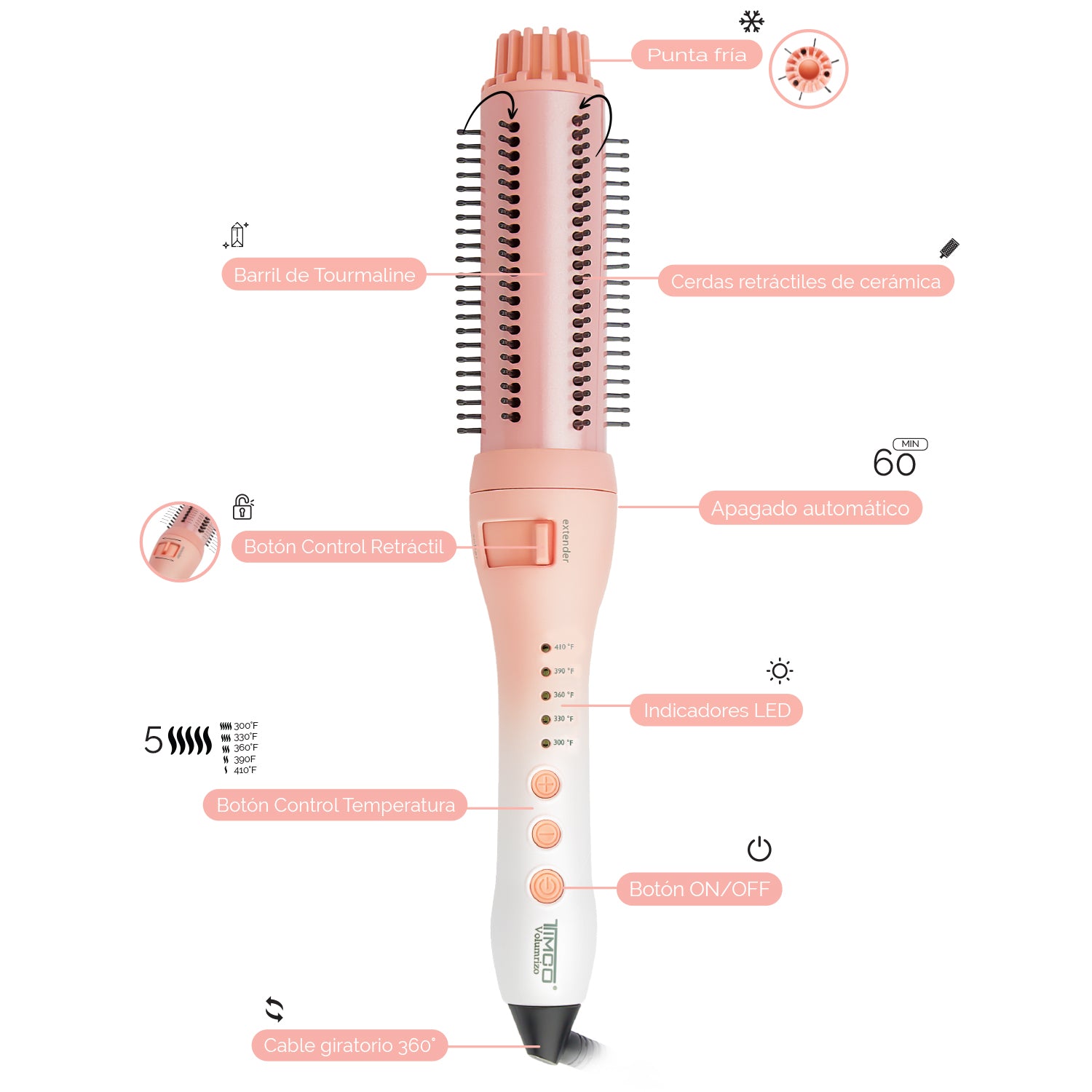 Cepillo Electrico de Cabello Redondo Voluminizador Cerdas Retractiles Tourmaline Majesty Peach Tourmaline Timco CEF228 — imagen 6