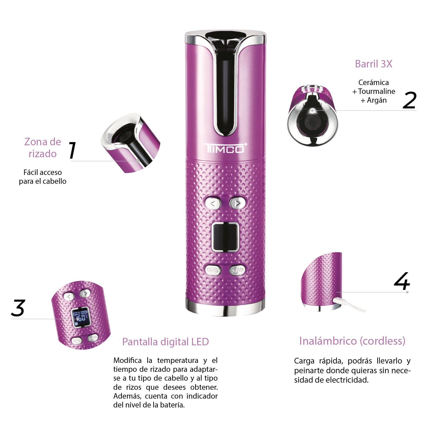 Tenaza Rizadora Automática Inalámbrica Luxury Tourmaline Barril 3X Ceramica Timco TDL282 — imagen 5