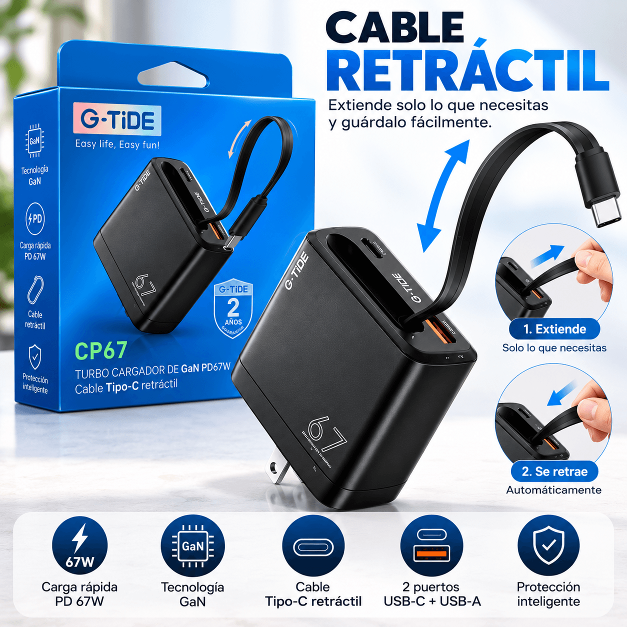 G-TiDE CP67 – Cargador GaN 67W con Cable USB-C Retráctil — imagen 2