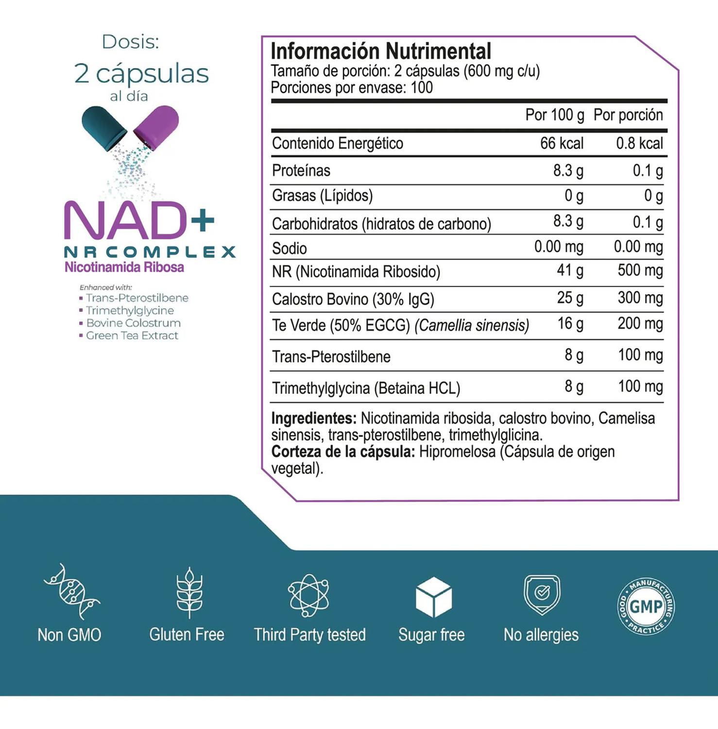Essentials: NAD+ NR Complex, Nicotinamida Ribósida + Calostro + Trans-Pterostilbeno, 200 Cápsulas — imagen 2