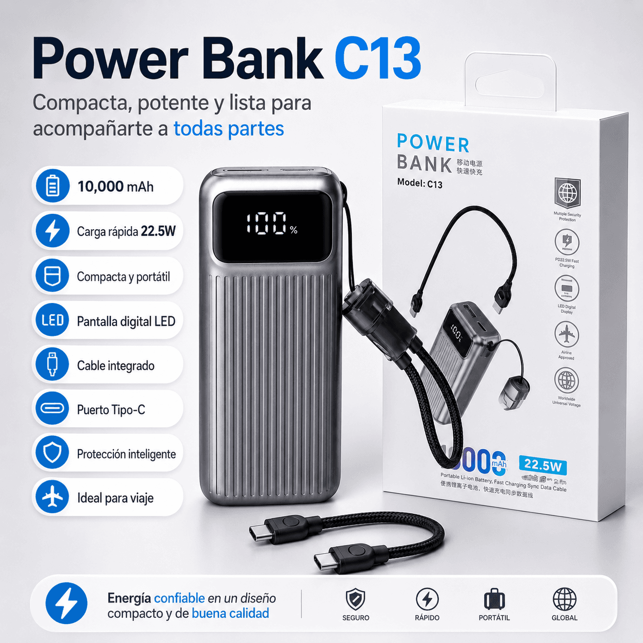 Power Bank C13 10,000mAh 22.5W Carga Rápida con Cables Integrados y Pantalla Digital — imagen 2