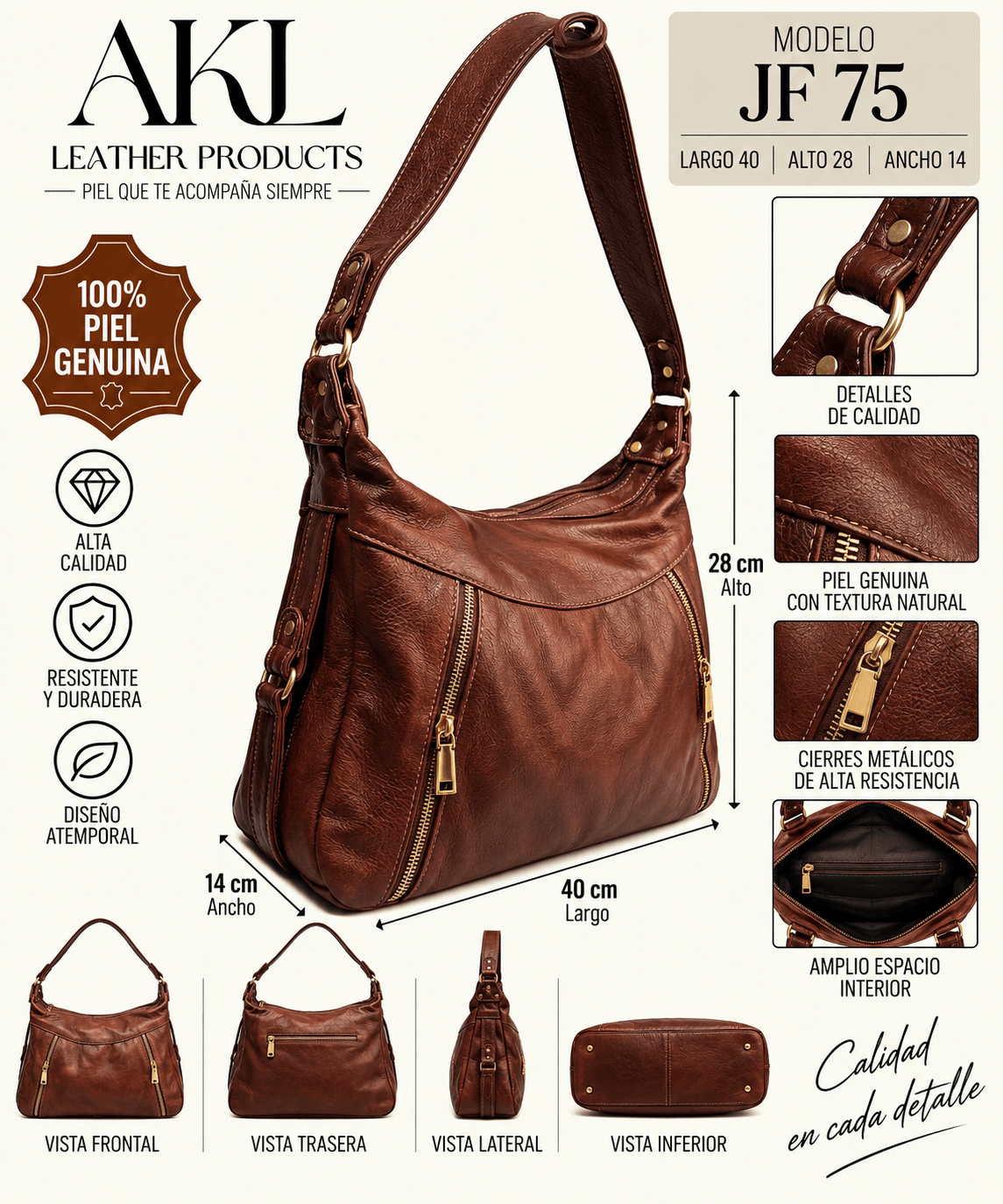 Bolsa De Piel Legitima Suave De Dama Original Multifuncional Jf75 — imagen 3