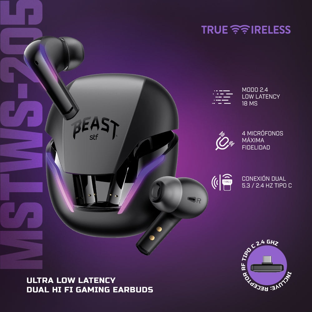 Audífonos inalámbrico Gamer TWS STF Beast MSTWS-205: Hi-Fi Videojuegos, 6hrs uso, 4 micrófonos — imagen 14