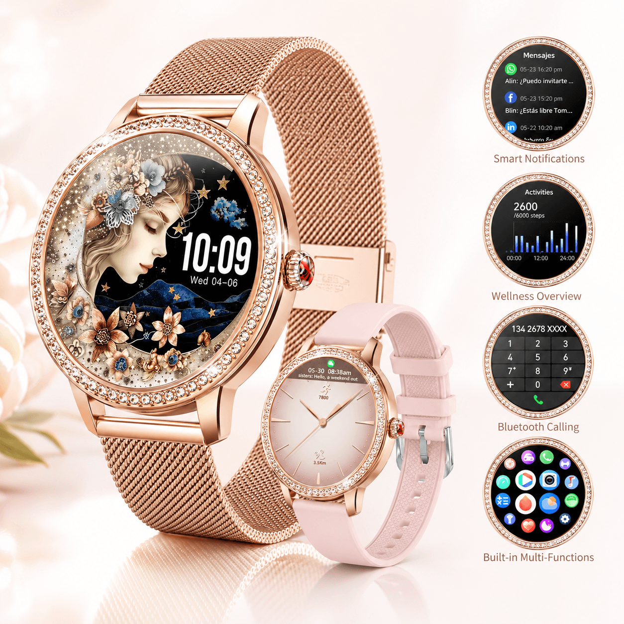 Smartwatch elegante para dama con diseño rosé, cristales brillantes y 2 correas incluidas — imagen 2