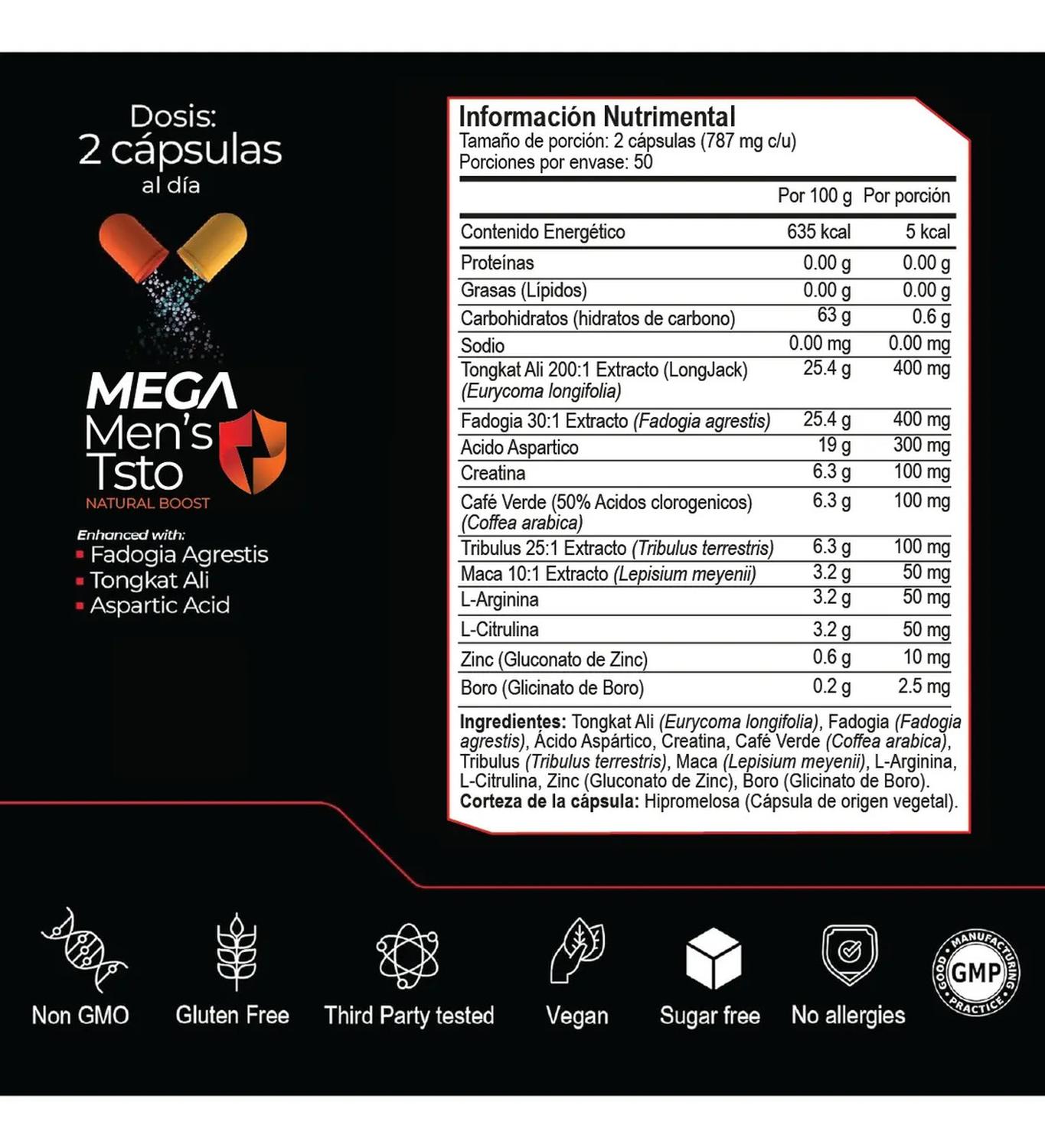 Mega Men's Testo: Tongkat Ali + Maca Negra + Creatina + Zinc + Fadogia, Fuerza+Energía, 100 Cápsulas — imagen 2