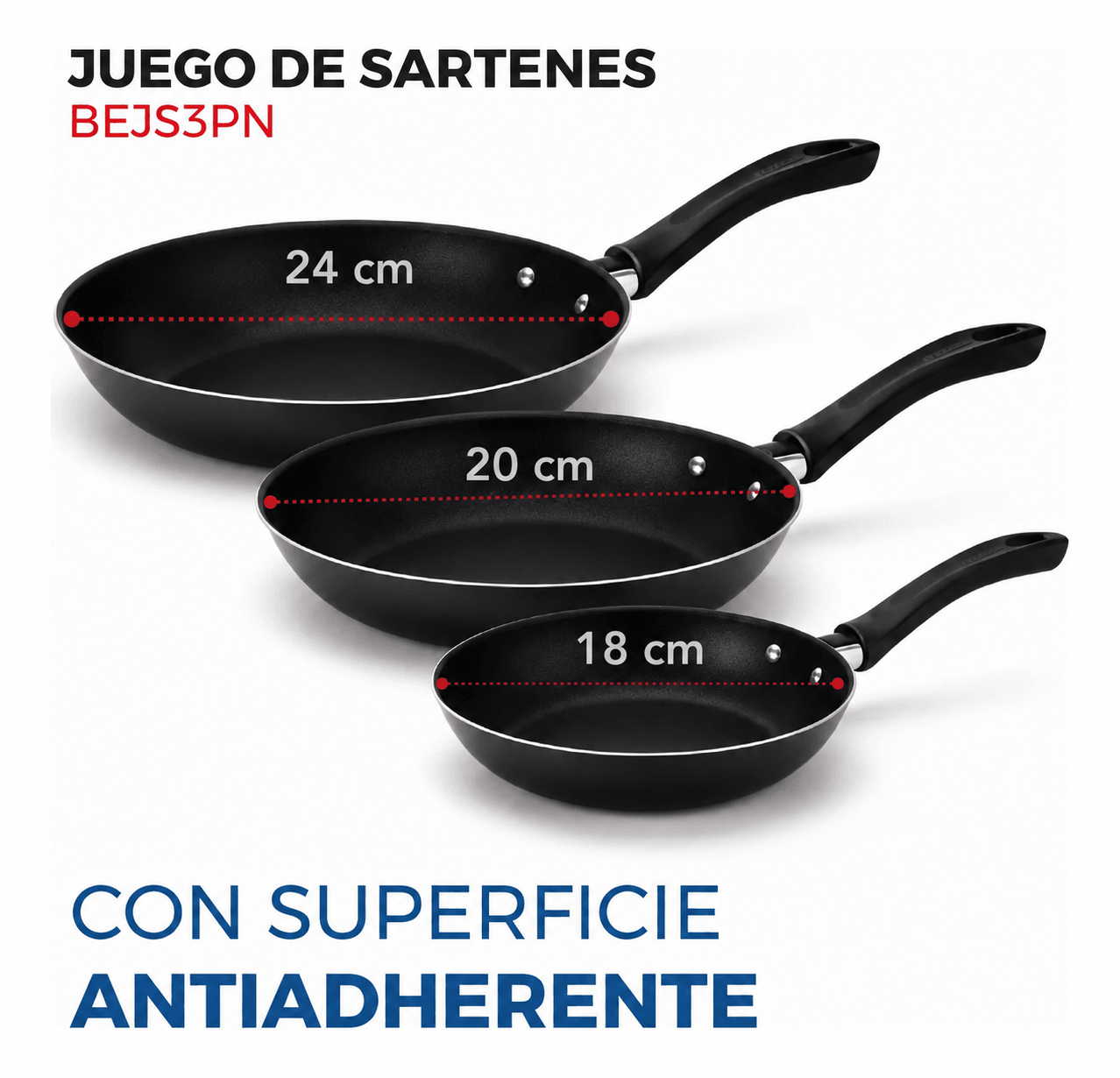 Set de 3 Sartenes Antiadherentes Mango Ergonómico — imagen 4