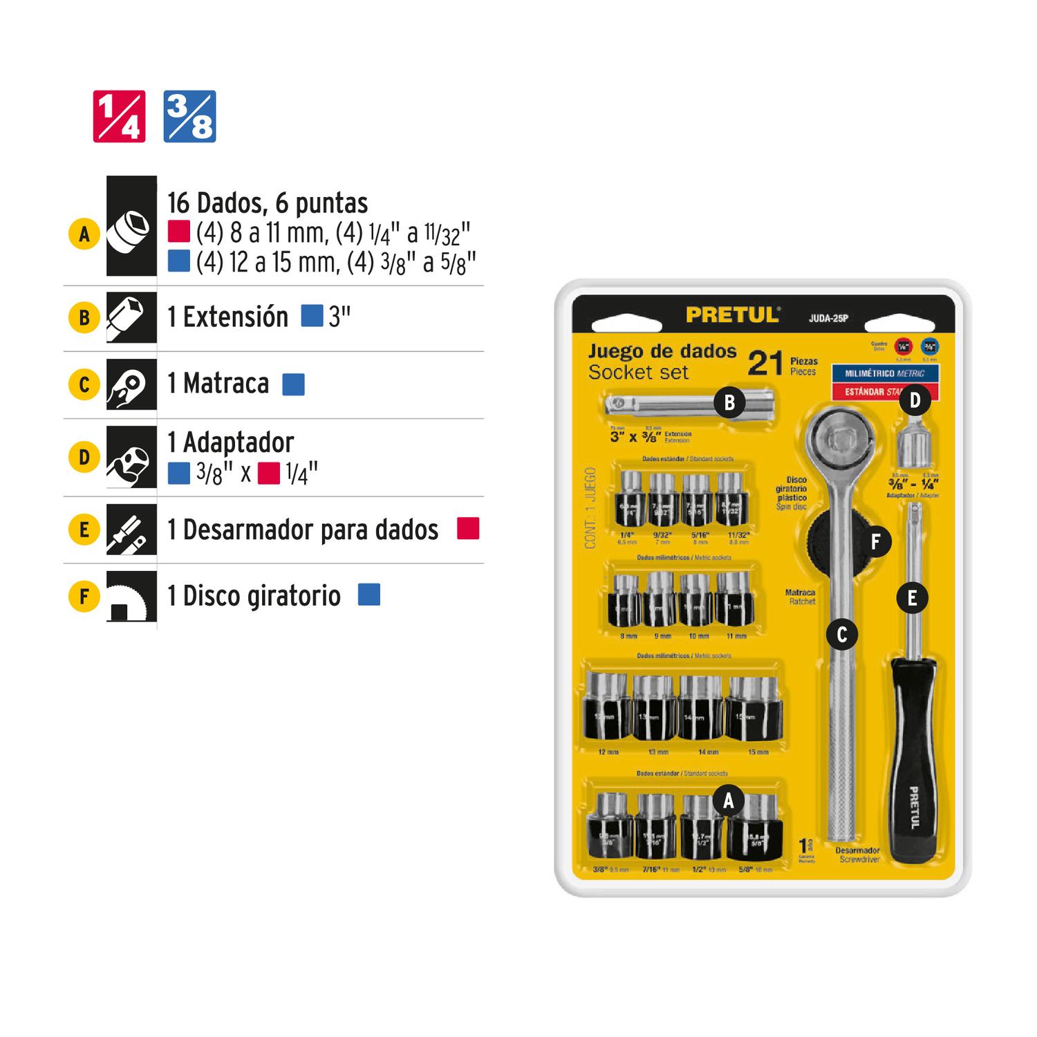 Juego de Dados Pretul 21162 Cuadro 1/4 y 3/8 25 Piezas — imagen 3