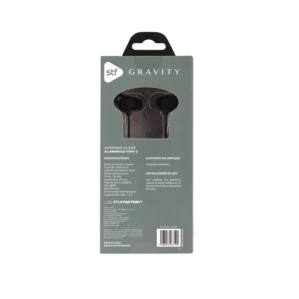 Audifonos alámbricos In-Ear STF Gravity: Tipo C, Micrófono, Negro — imagen 5