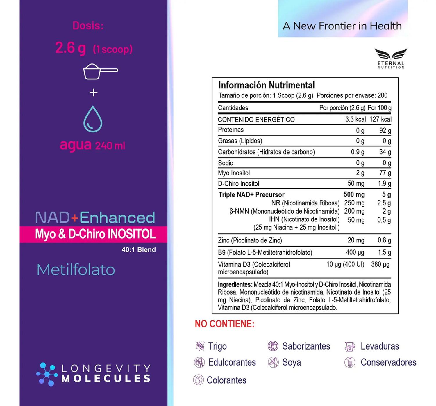 Inositol 40:1 Myo & D-Chiro con Precursores NAD+, NR + NMN + Folato + D3, 200 Porciones — imagen 3