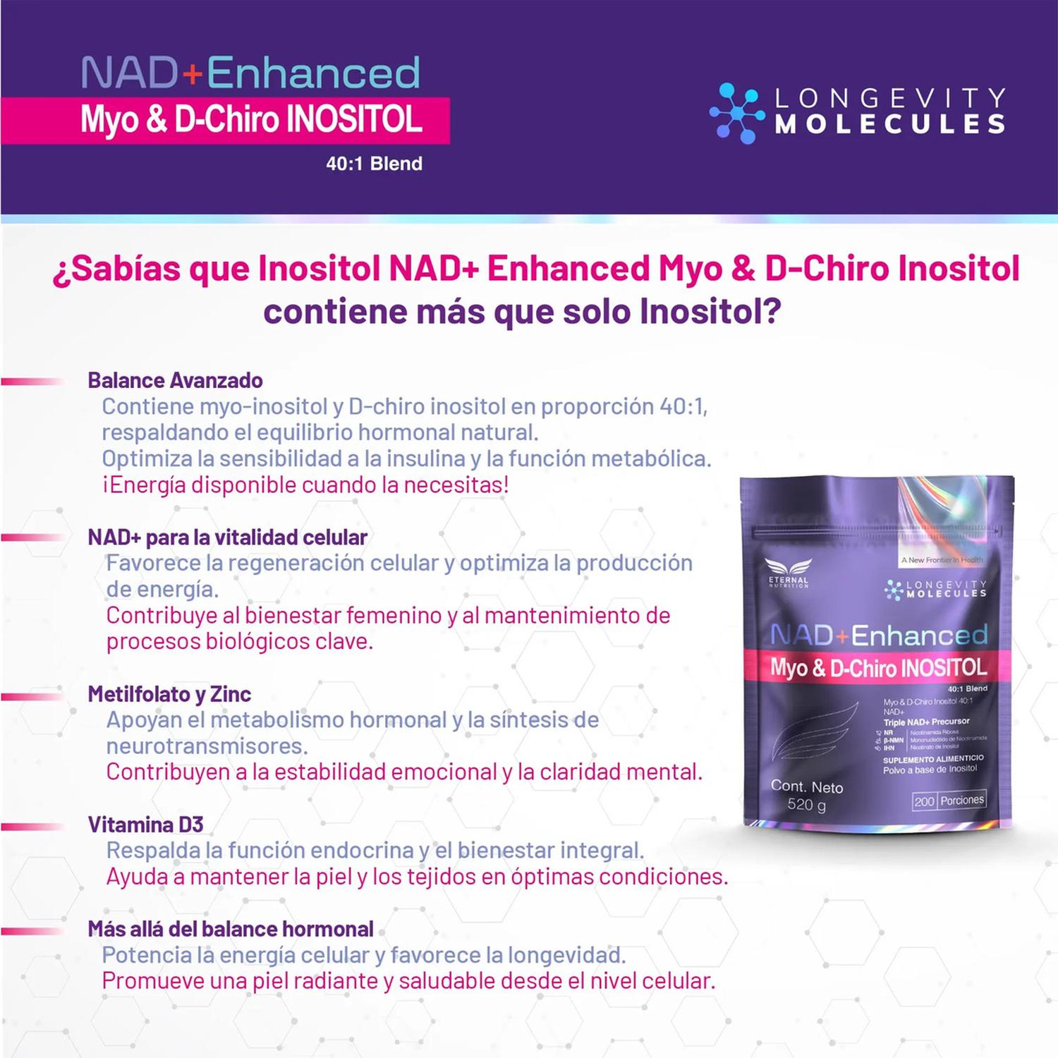 Inositol 40:1 Myo & D-Chiro con Precursores NAD+, NR + NMN + Folato + D3, 200 Porciones — imagen 2