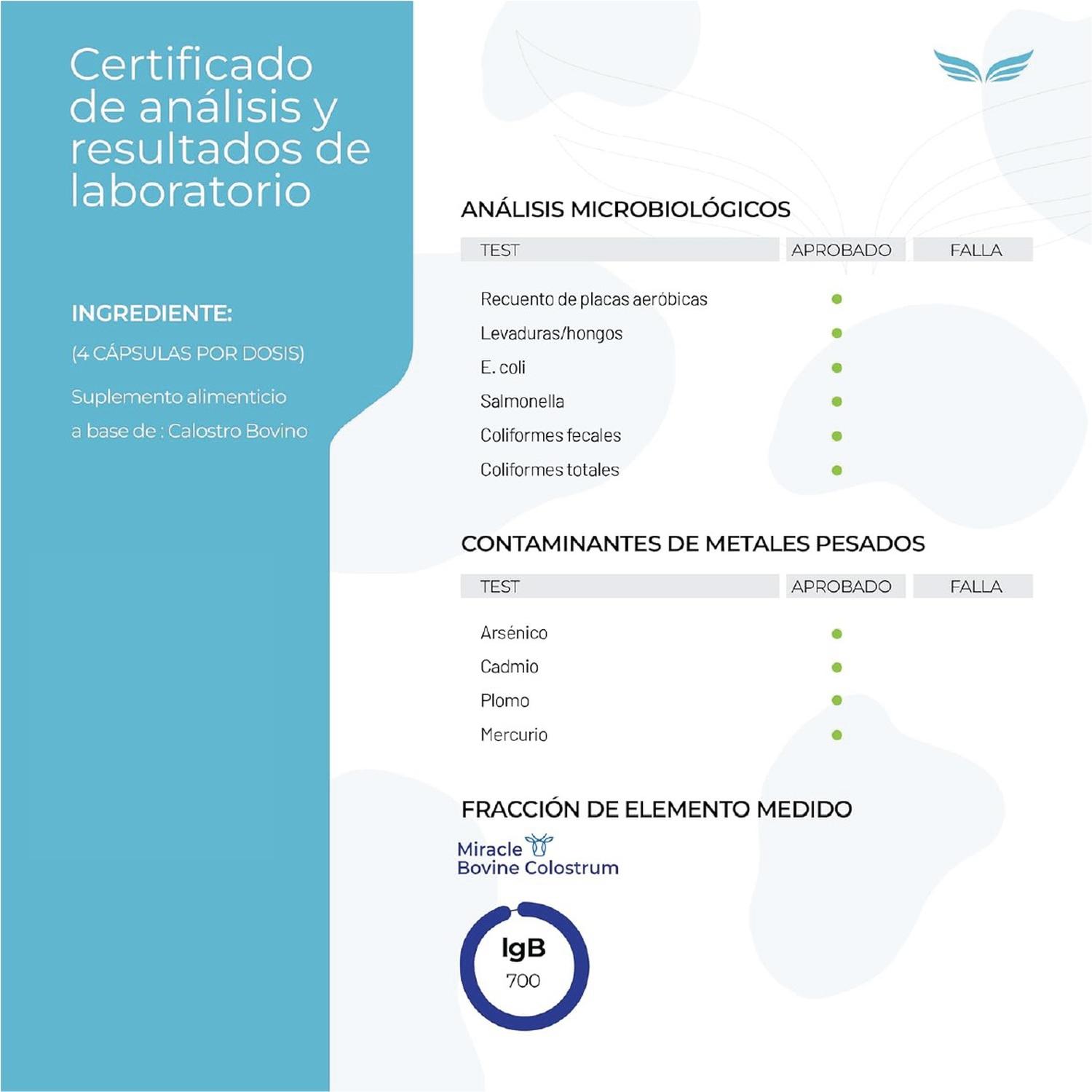 Miracle: Calostro Bovino 50% IgG, Inmunoglobulinas y Factores de Crecimiento, 150 Cápsulas — imagen 4