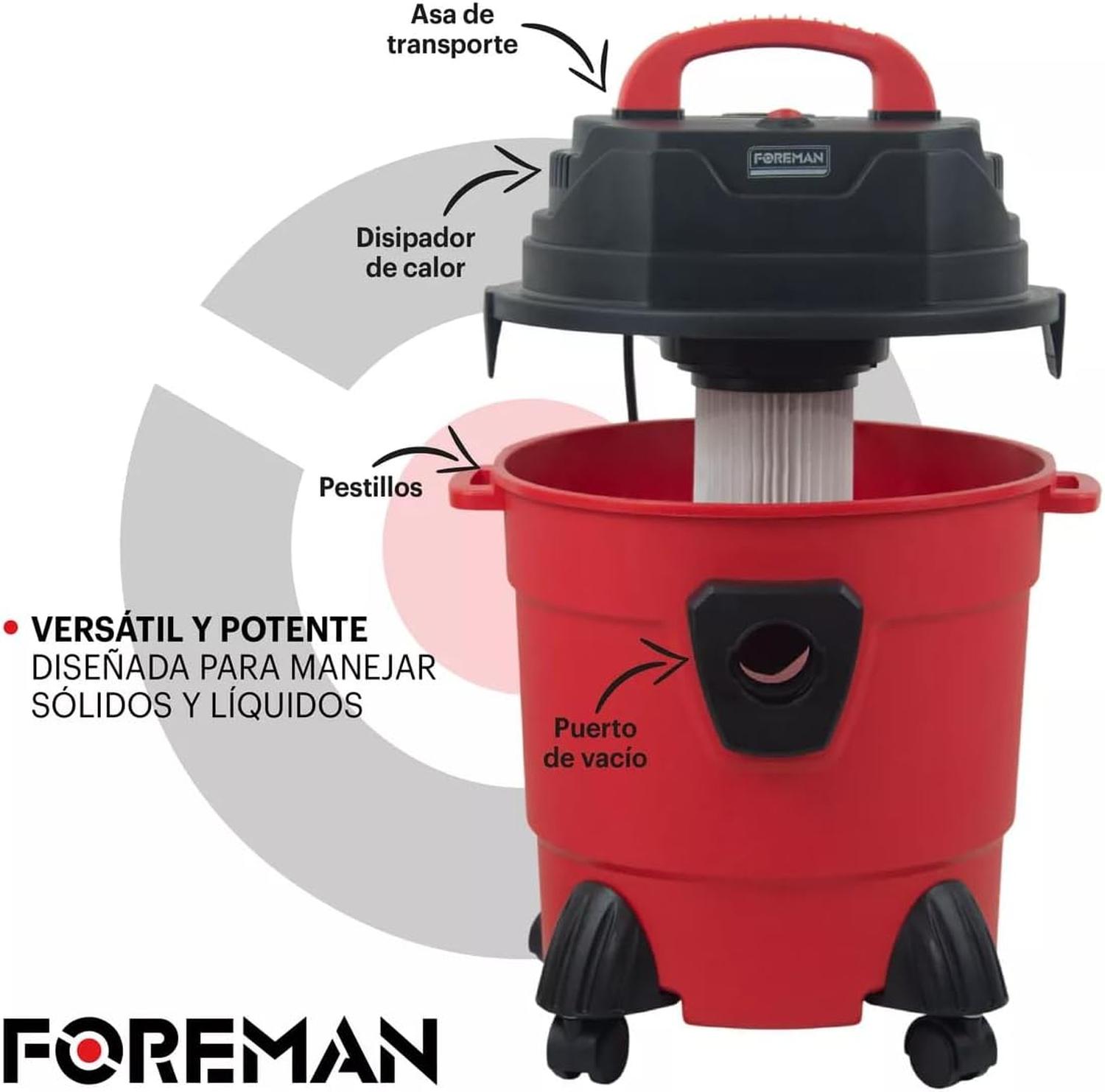 Aspiradora Industrial Foreman 1500W 15L Para Sólidos Y Líquidos Rojo con Negro — imagen 3