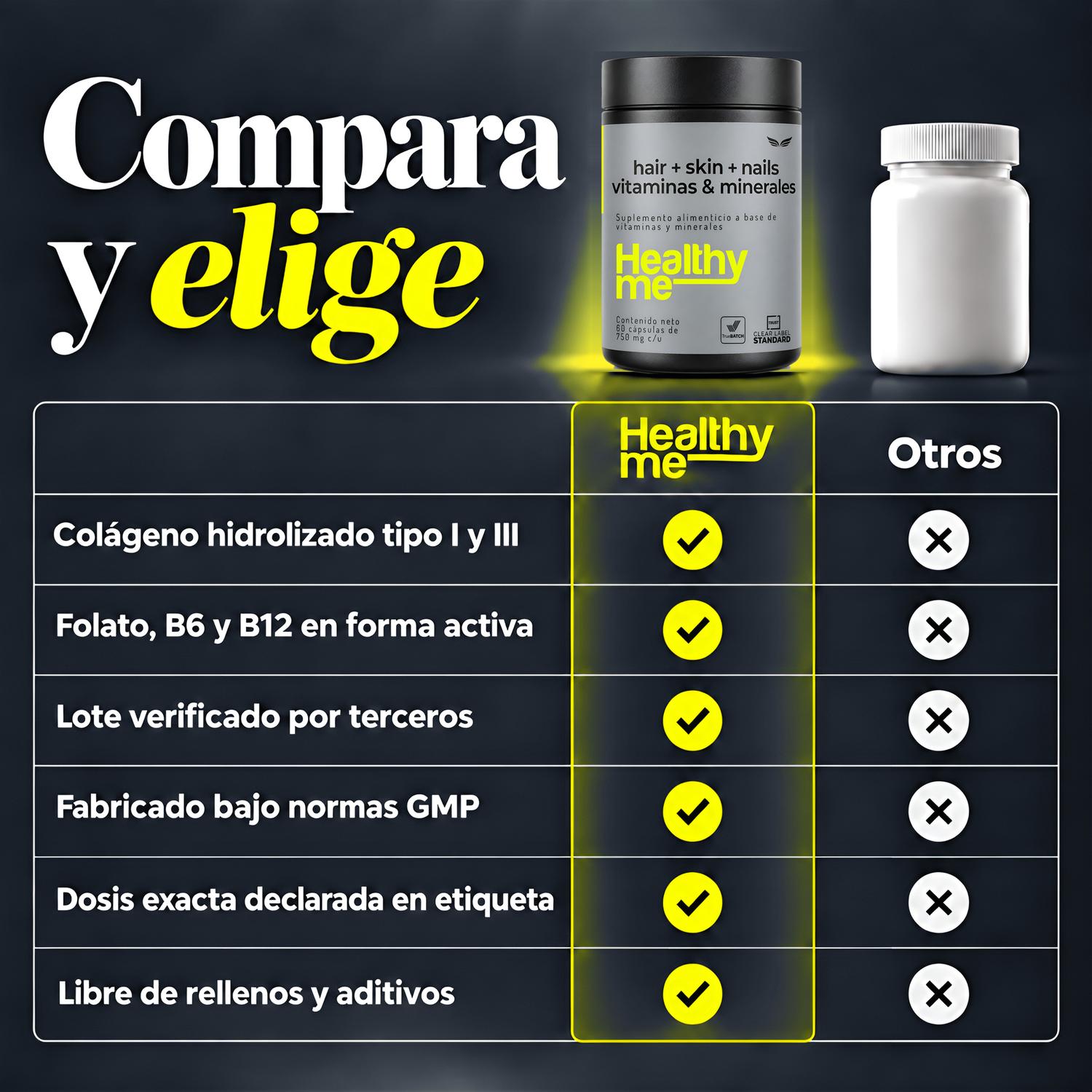 Healthy Me: Colágeno Hidrolizado, Biotina y Ácido Hialurónico para Cabello, Piel y Uñas, 60 Cápsulas — imagen 7