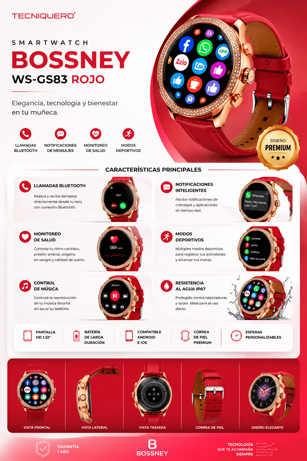 Smartwatch Bossney WS GS83 Rojo – Elegancia, Tecnología y Bienestar en Tu Muñeca — imagen 3