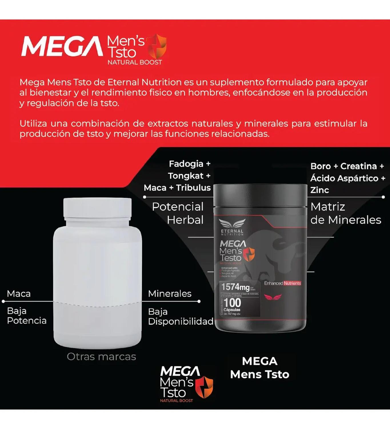 Mega Men's Testo: Tongkat Ali + Maca Negra + Creatina + Zinc + Fadogia, Fuerza+Energía, 100 Cápsulas — imagen 3
