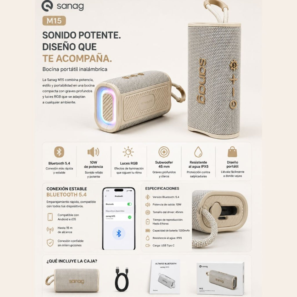 BOCINA SANAG M15 (BEIGE) + AUDÍFONOS G-TIDE OWS 8 (BEIGE) + SMARTWATCH FILWANS GTS MINI (DORADO) — imagen 9