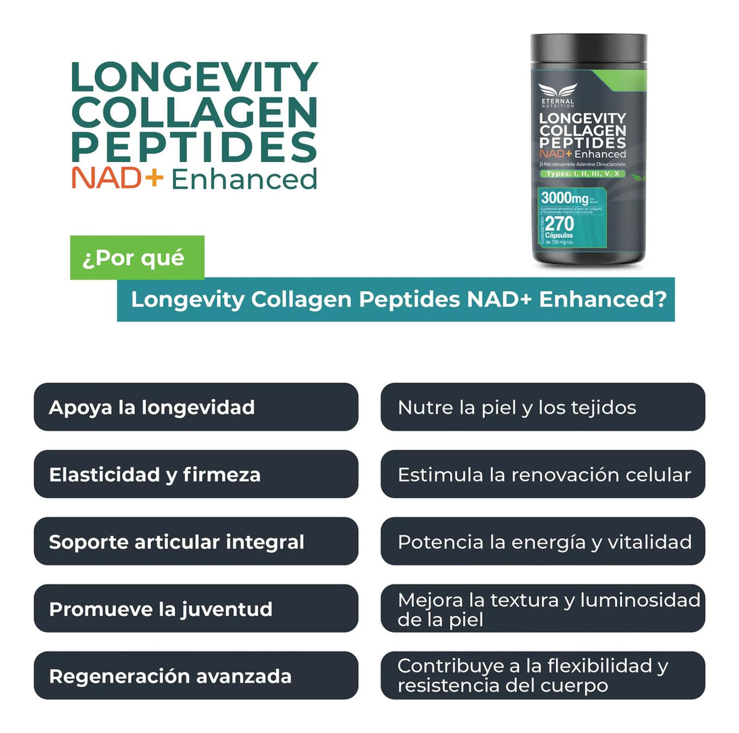 Longevity: Colágeno Hidrolizado + NAD+, Péptidos Tipos I, II, III, V y X, 270 Cápsulas — imagen 6