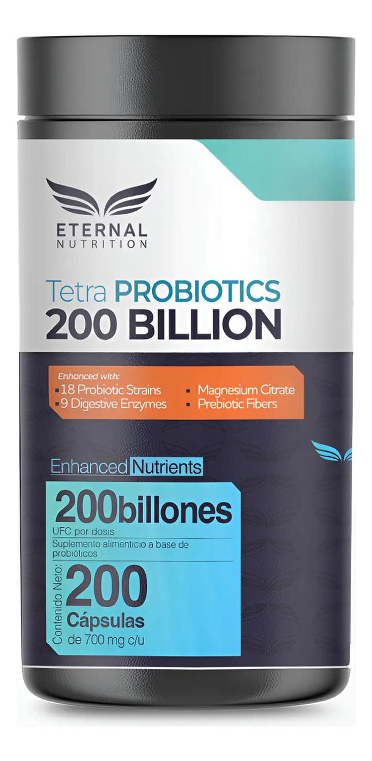 Tetra Probióticos 200 Billones UFC, Fibras Prebióticas + Enzimas Digestivas + Inulina, 200 Cápsulas — imagen 1