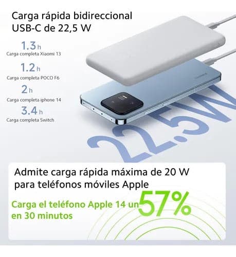 Bateria Xiaomi Power Bank 10000mAh 22.5w Lite - Blanco — imagen 3