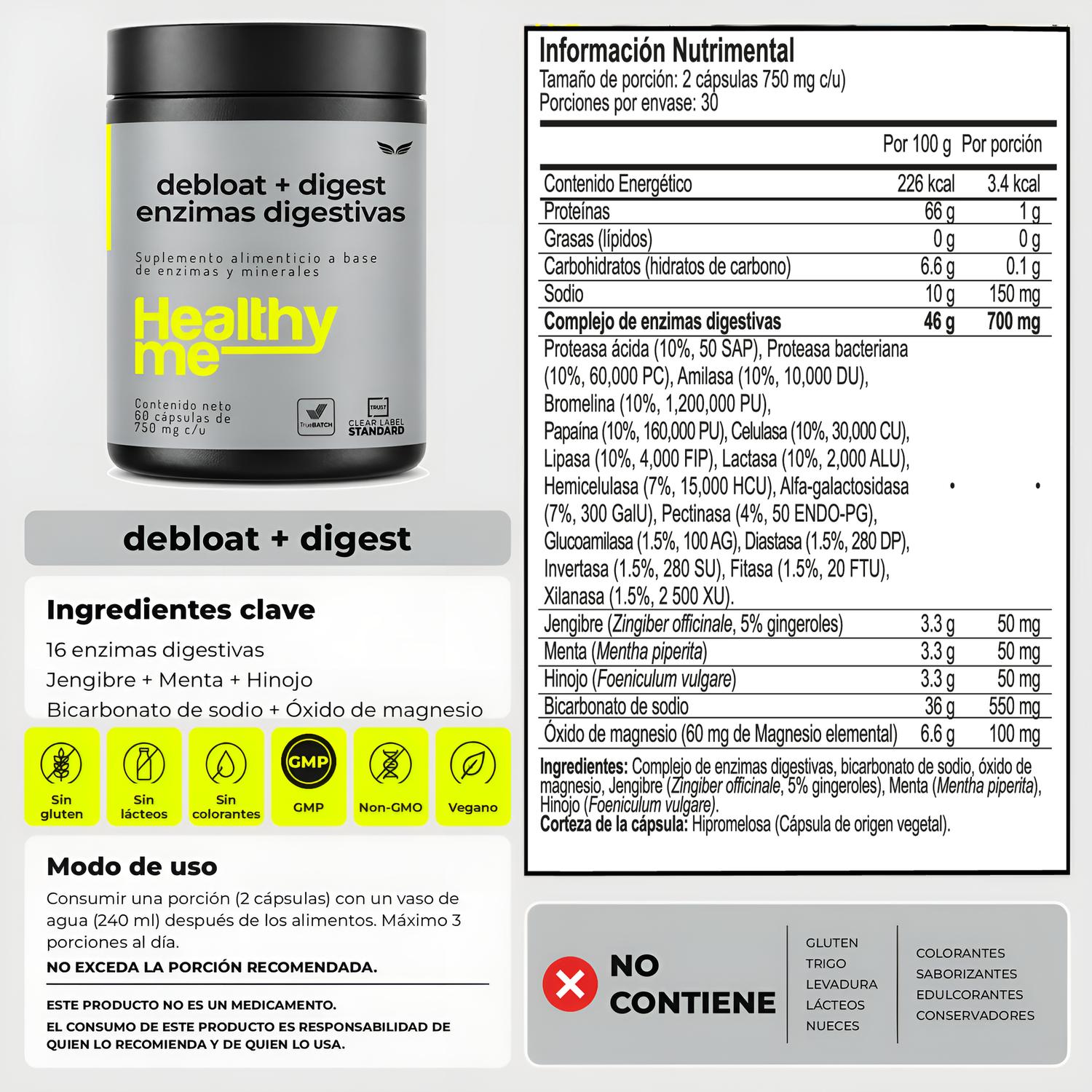 Healthy Me: Desinflamante con 16 Enzimas Digestivas, Jengibre, Menta e Hinojo p/ Digestión, 60 Cáps. — imagen 6